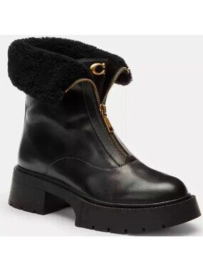 New COACH Leah Platform Zip Bootie Boot Black Leather Shearling Size 8